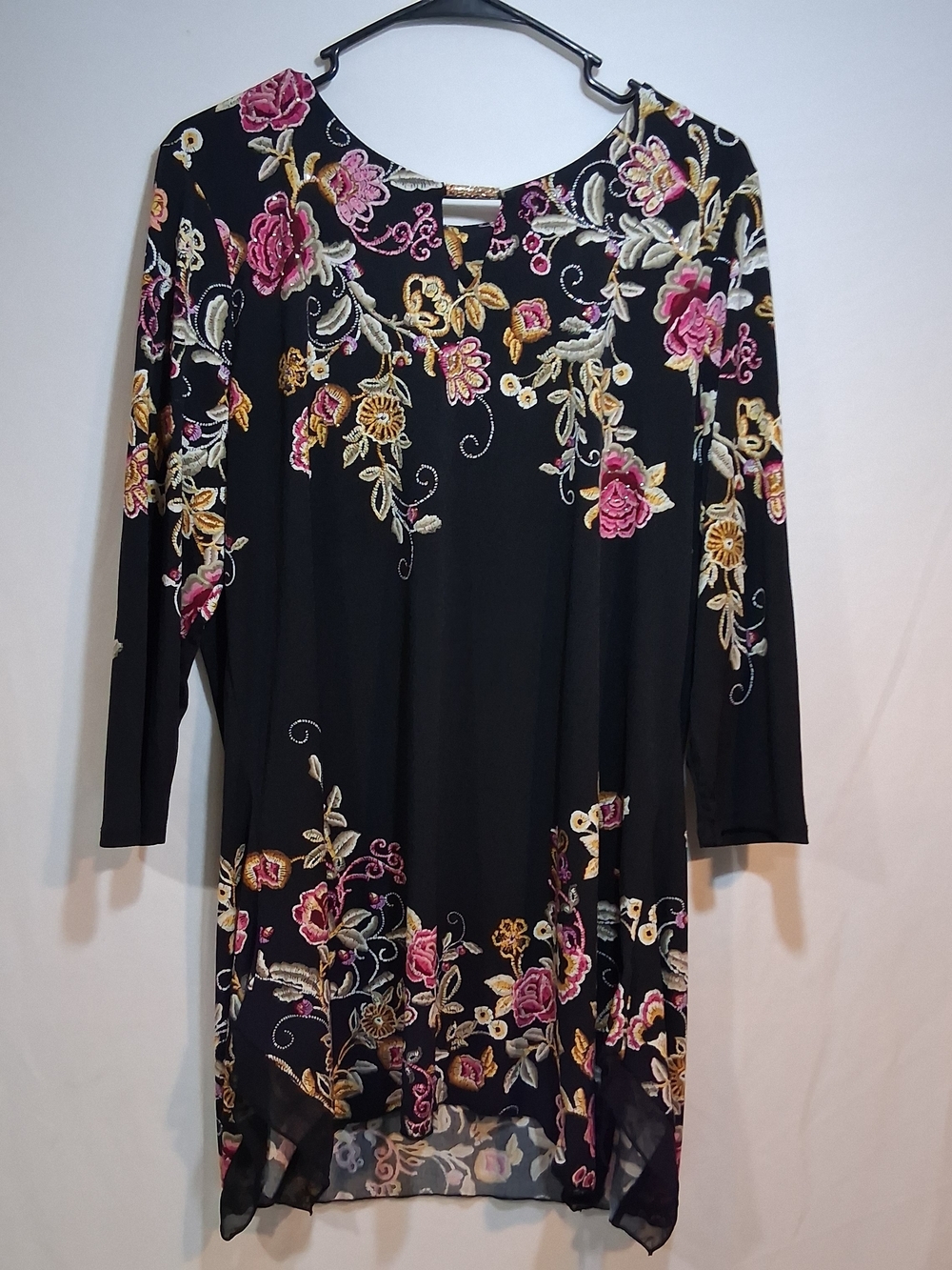 Black Long Sleeve Floral Dress with Pink & Gold Embroidery
